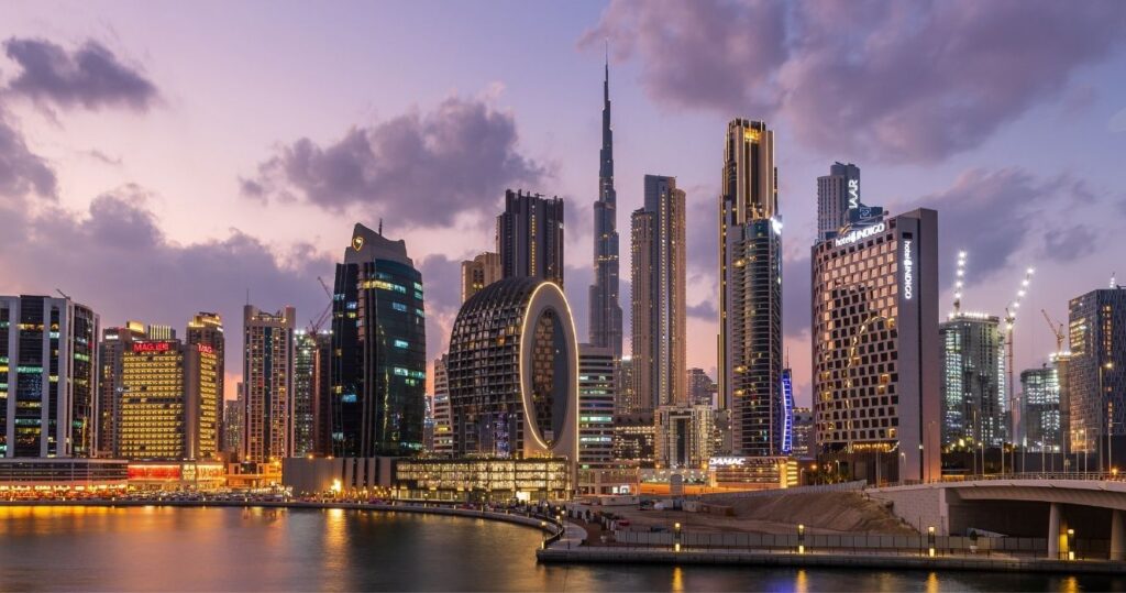 the dubai city skyline at dusk