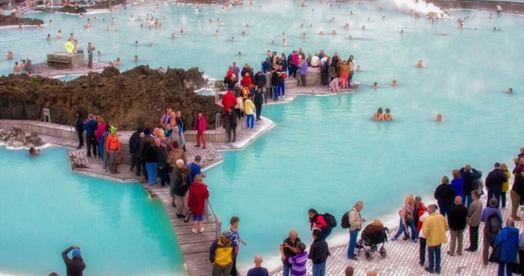Crowds of tourists around Reykjavik Lagoon