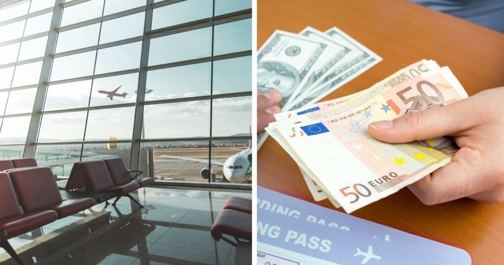 a plane taking off at an airport, money exchange