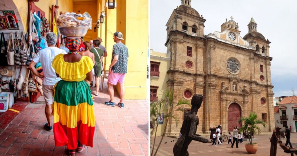 a woman walks through cartagena with a basket full of food, historic buildings in cartagena