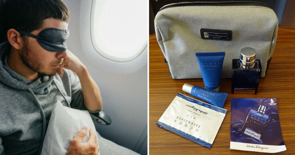 a guy sleeps on a plane, some free amenities on an emirates flight