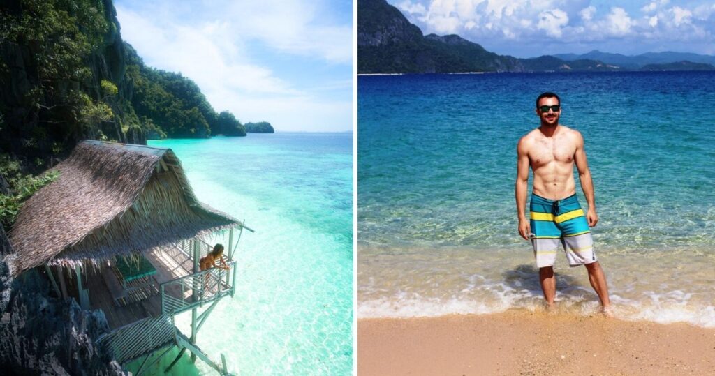 a girl looks out over the ocean from a beach hut, a man poses on the beach in the philipines