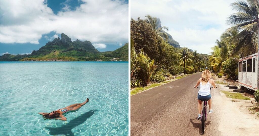 Woman floating in the ocean near Bora Bora/woman riding a bike along the road and forest in Bora Bora