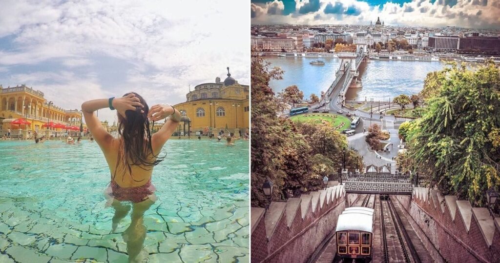 Female tourist bathing in Széchenyi thermal baths in Europe/ view of the European city from Buda Castle Hill