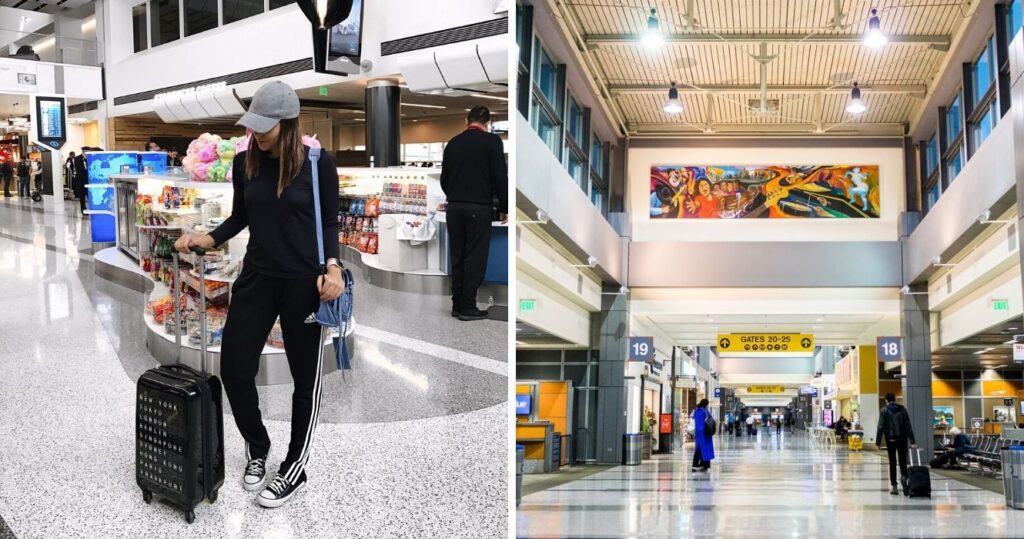 Woman posing with luggage in airport/passengers walking in airport terminal