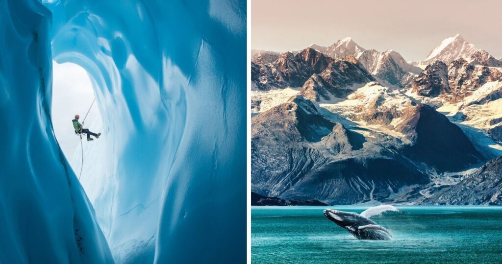 ice climbing inside a cave, whale breaching in alaska