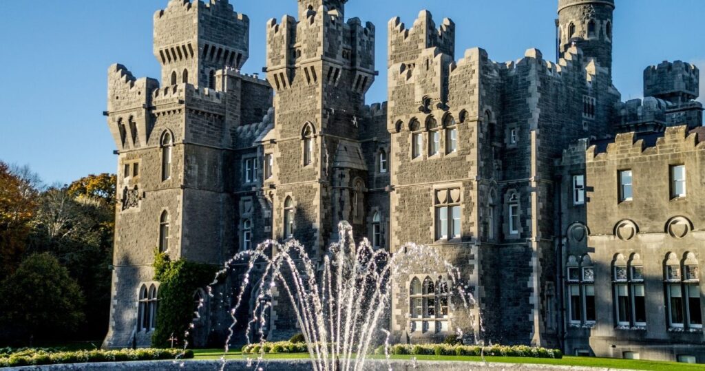 the fountain in front of ashford castle in ireland