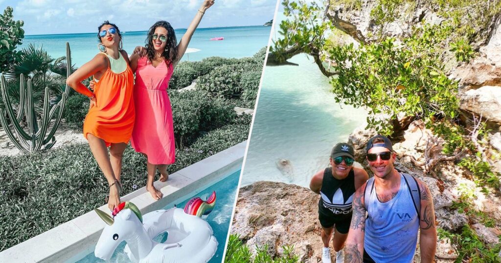 Two girls pose by the pool with the beach in the background, couple takes selfie while hiking in Turks and Caicos