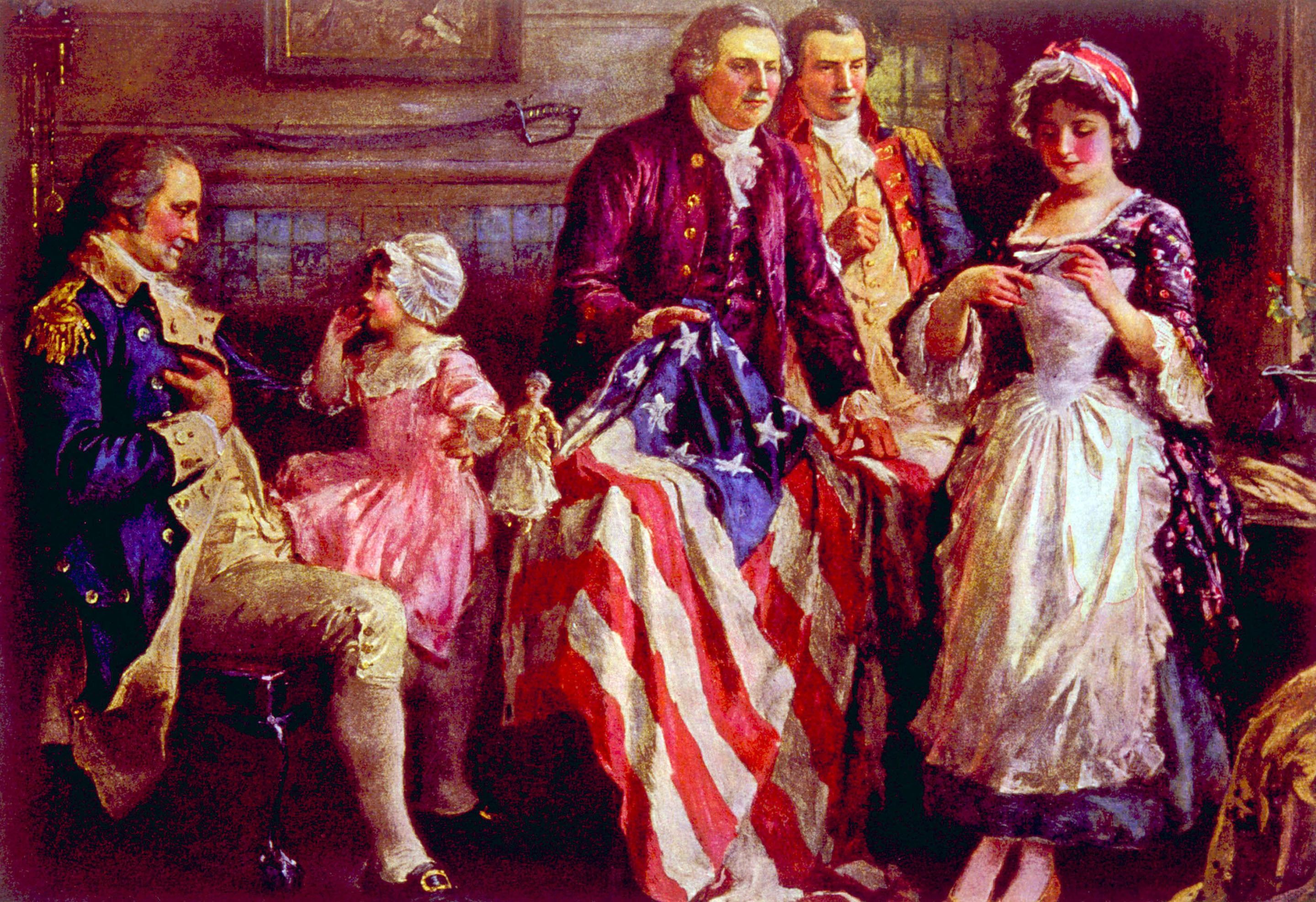 a primeira bandeira americana sendo costurada e aprovada
