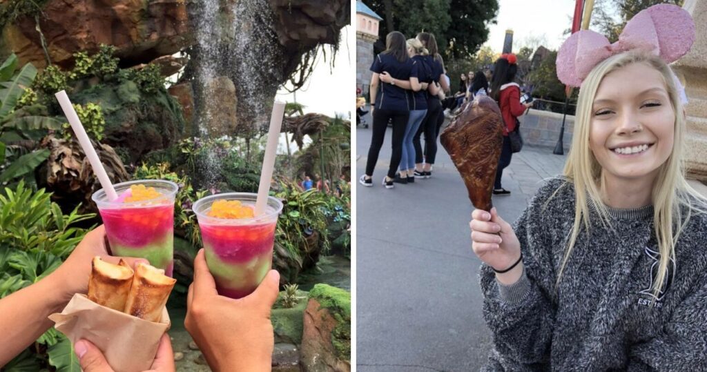 Focus on hands holding drink cups next to woman wearing Mickey Mouse ears holding a turkey leg