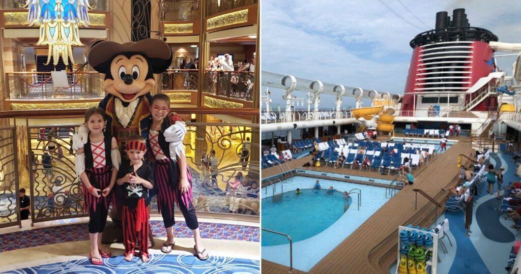 Kids in pirate costumes posing with Mickey Mouse, a view of the pool on the cruise ship's deck