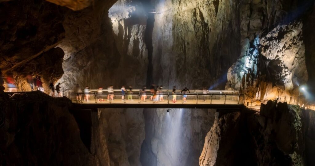 the walkway inside Škocjan Cave