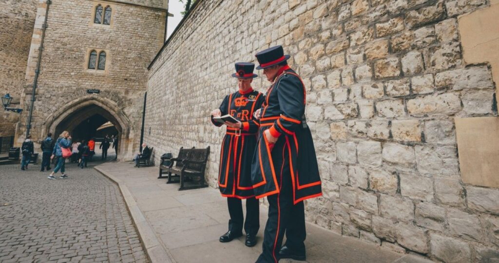 Beefeater guards or Yeoman warders at the Tower of London