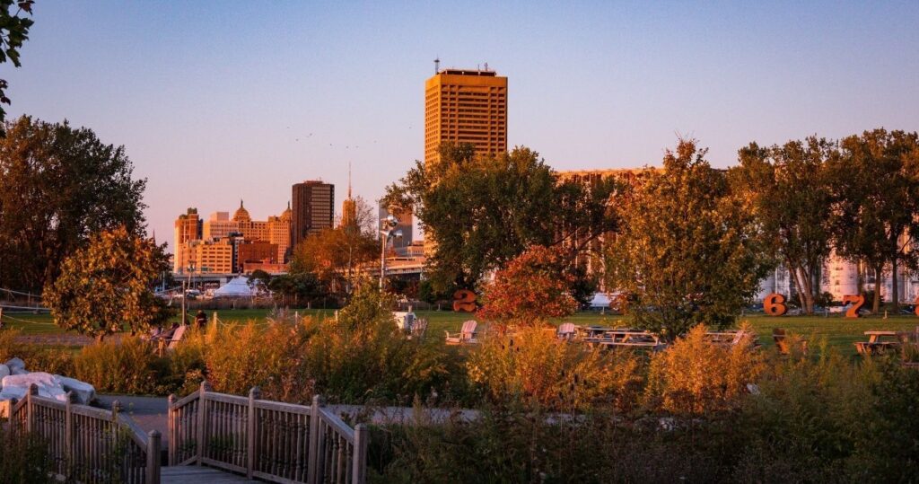 a park in buffalo, ny at sunset