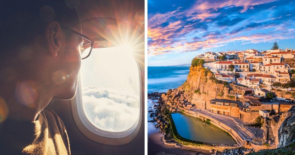 a woman looking out the plane window, an aerial view of lisbon, portugal