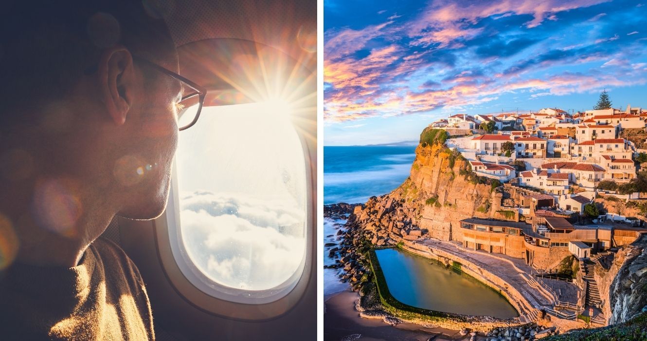 uma mulher olhando pela janela do avião, uma vista aérea de lisboa, portugal
