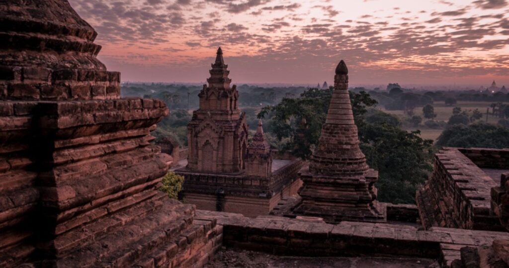 sunset over temples in bagan, myanmar