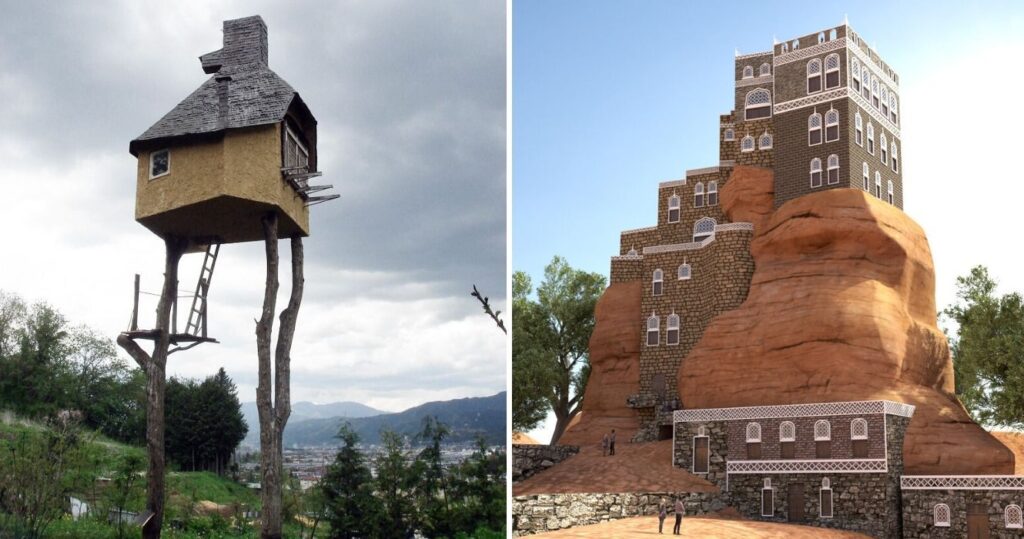 the Takasugi Tea House is built on stilts, Dar Al Hajar is built into a sand hill