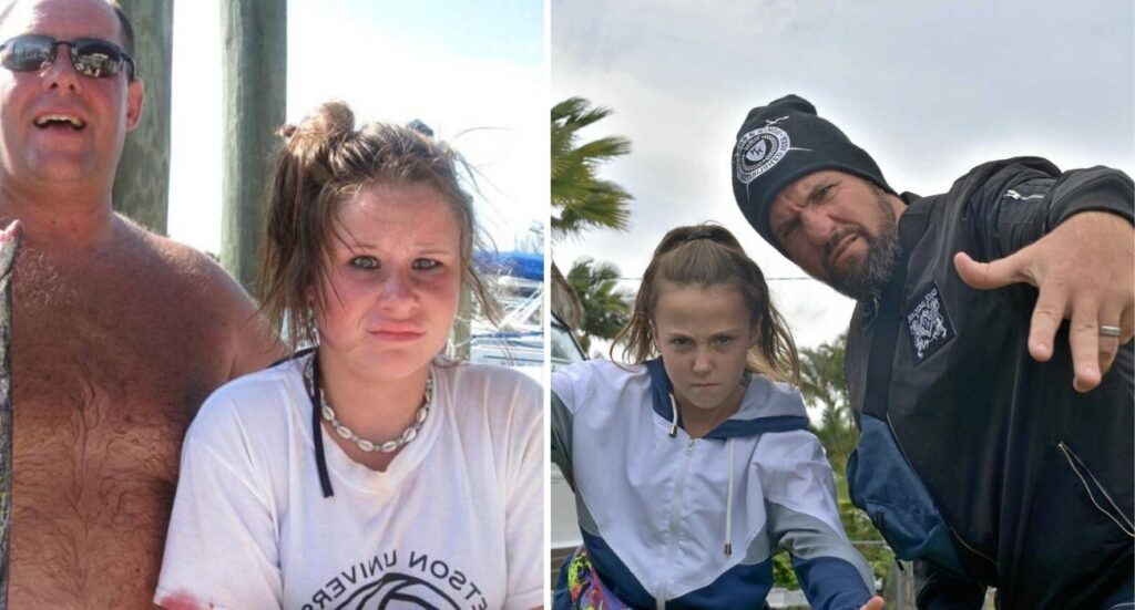 a girl goes on a fishing trip with her father, daughter and dad take a gangster selfie