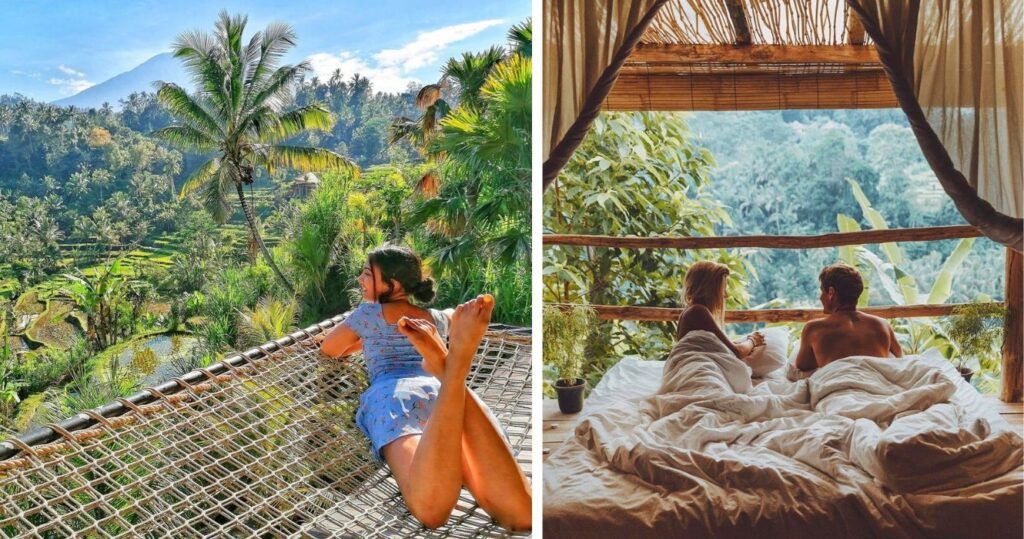 a girl relaxes on a hammock in bali, a couple enjoys a romantic honeymoon in bali