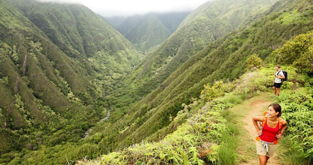 hikers on a trail in the mountains in maui, hawaii