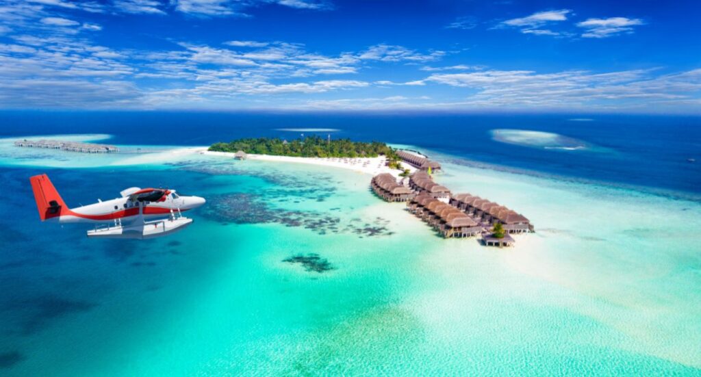 seaplane approaching island in the Maldives