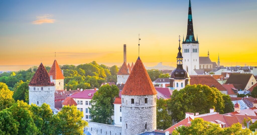 an aerial view of estonia at sunset