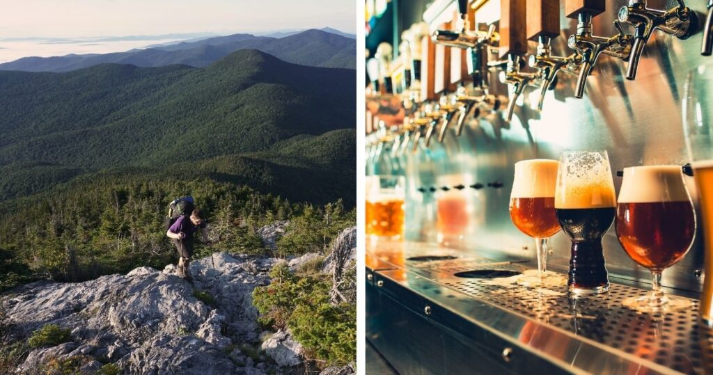 a hiker on a trail in vermont, beer at a pub