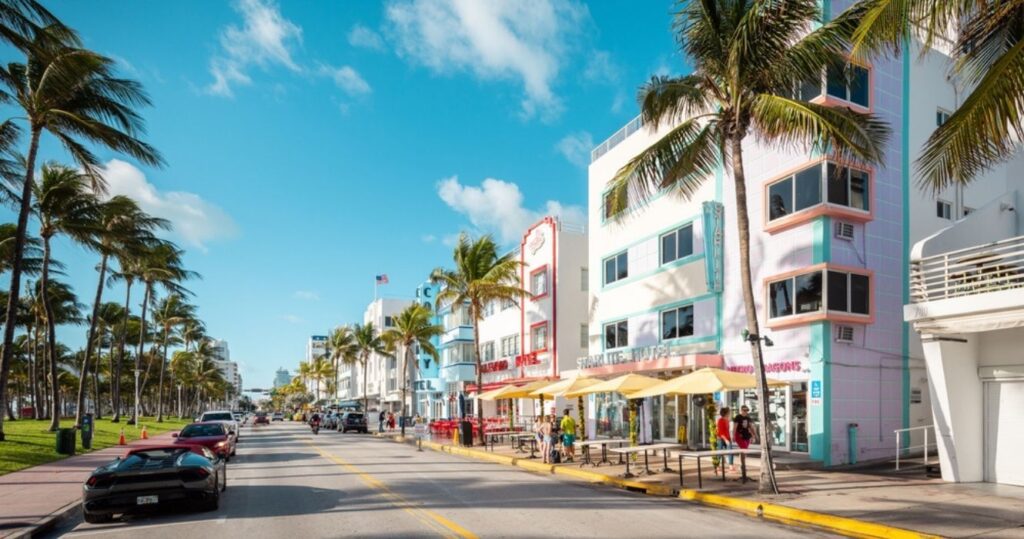 a main street lined with shops and palm trees in miami