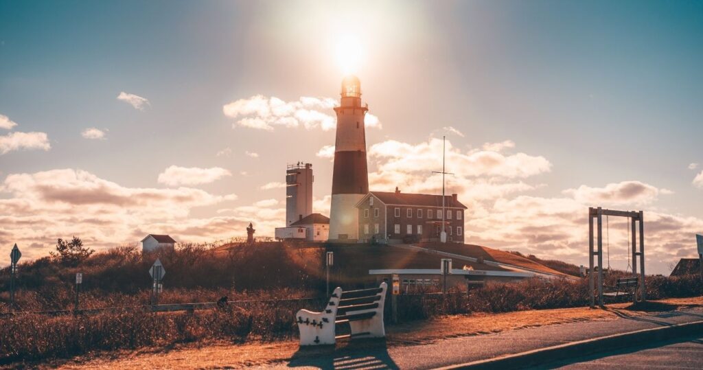 montauk lighthouse in the fall at sunset