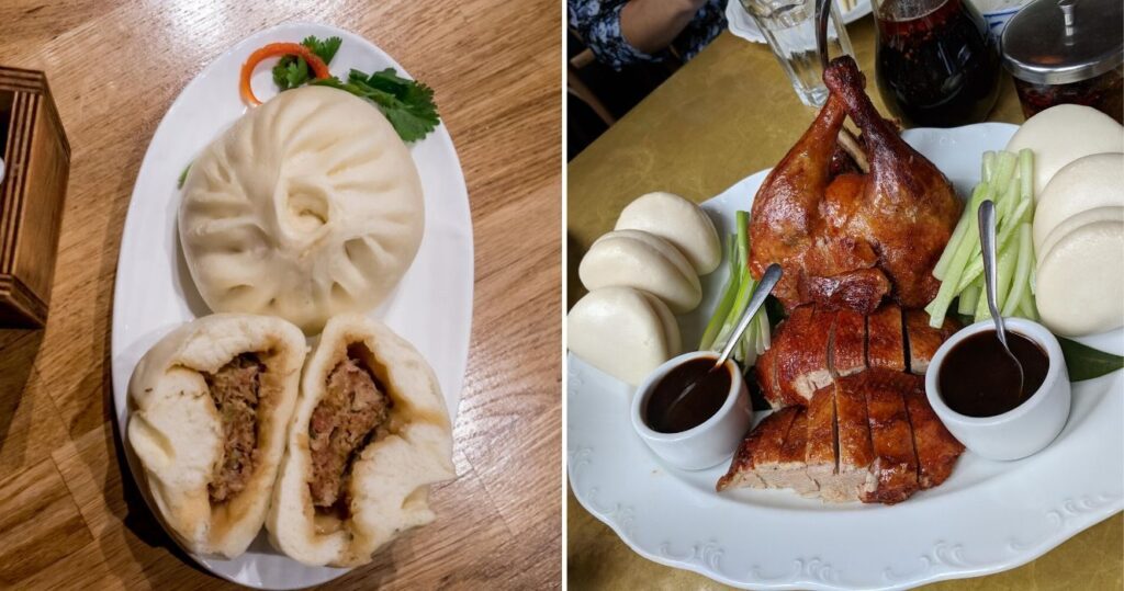 a plate of chinese dumplings called baozi, a plate of peking duck from china