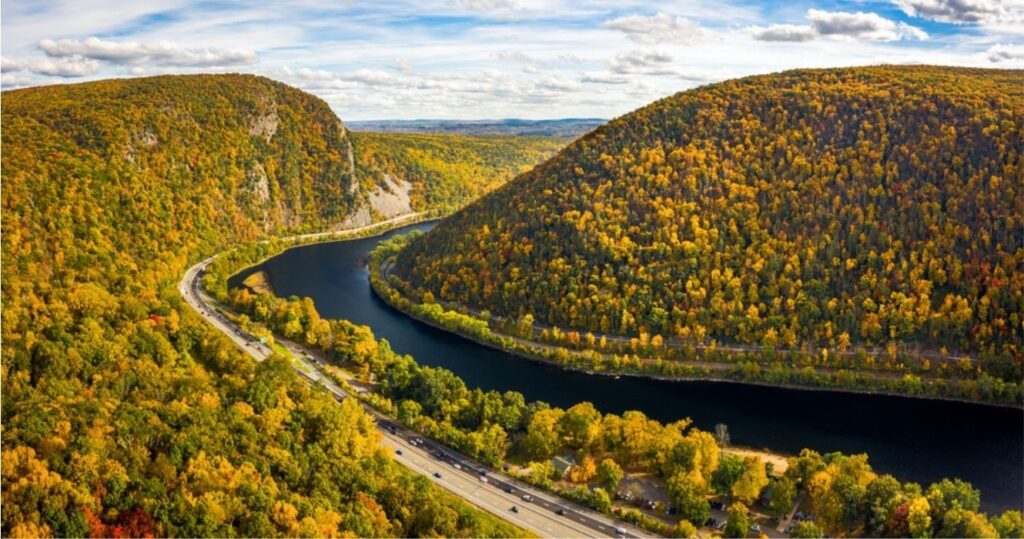 the delaware river in pa with fall foliage
