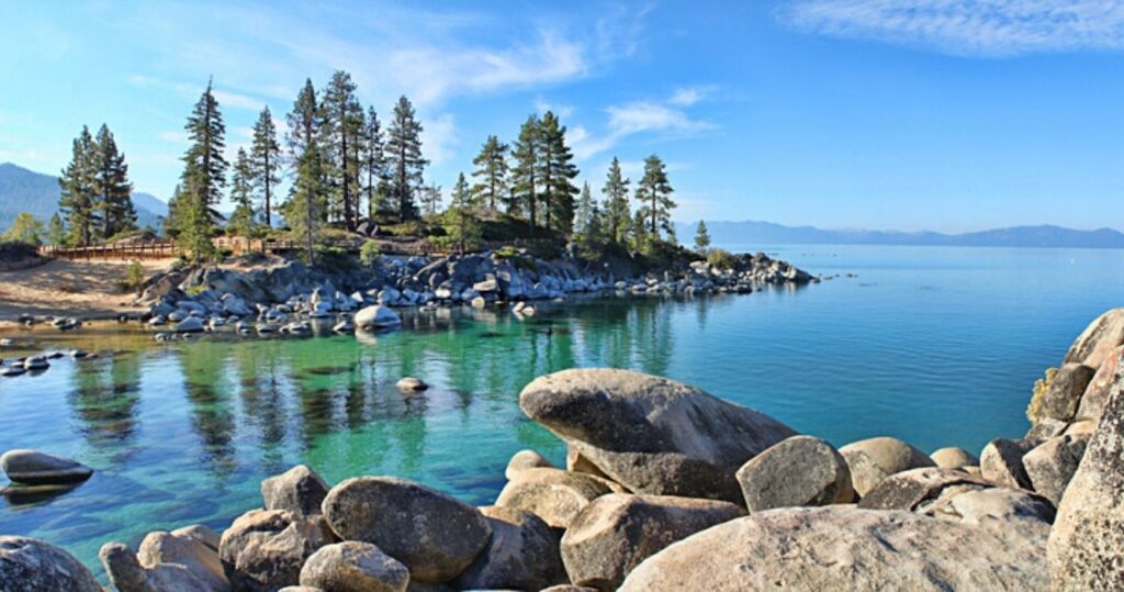 an island on lake tahoe on a summer's day