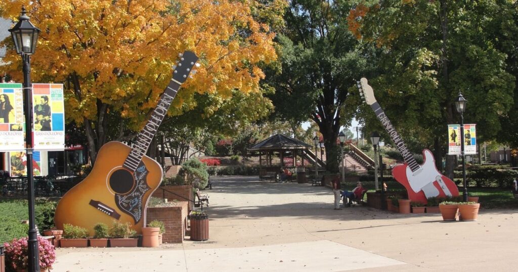 Two giant guitars at the entrance to the Grand Ole Opry in Nashville TN