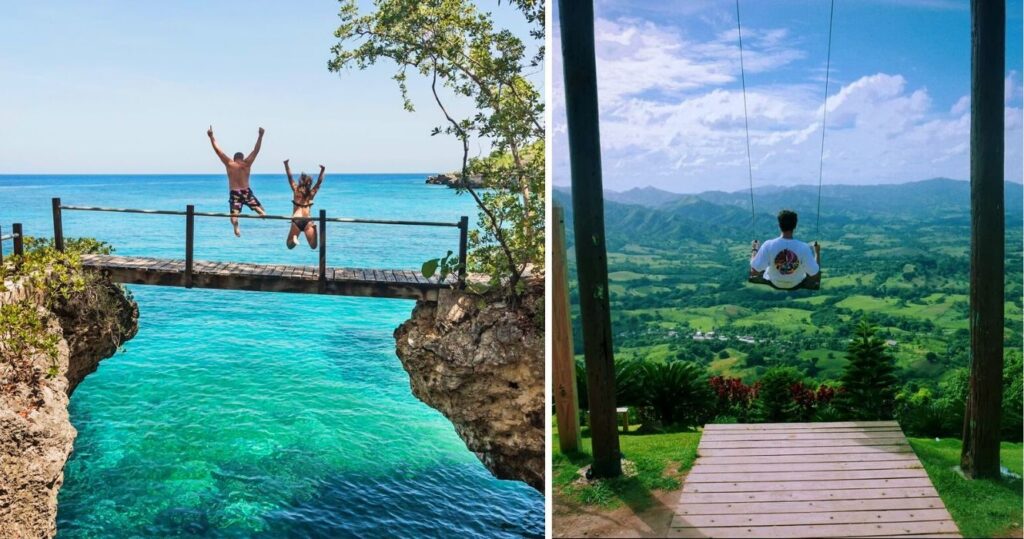 a couple jumps off a bridge in punta cana, a man swings from a swing in miches, dominican republic