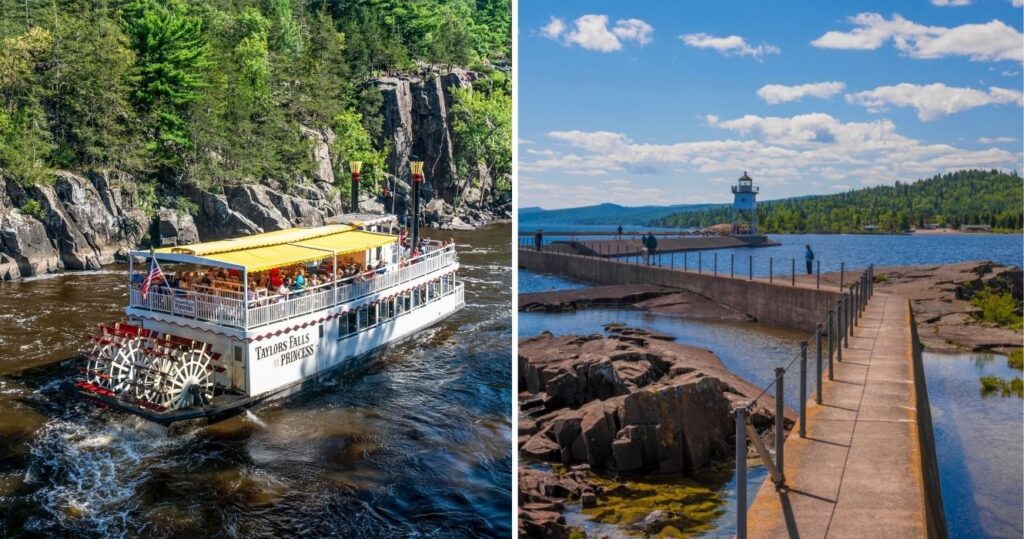 a paddle boat on the river in taylors falls, a lighthouse in grand marais, minnesota