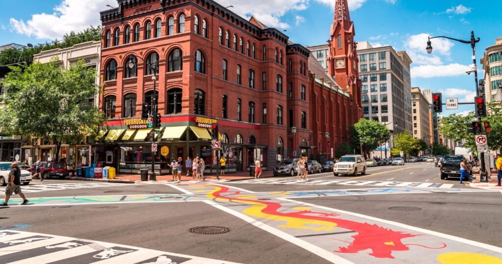 a colorful street corner in chinatown, washington, dc