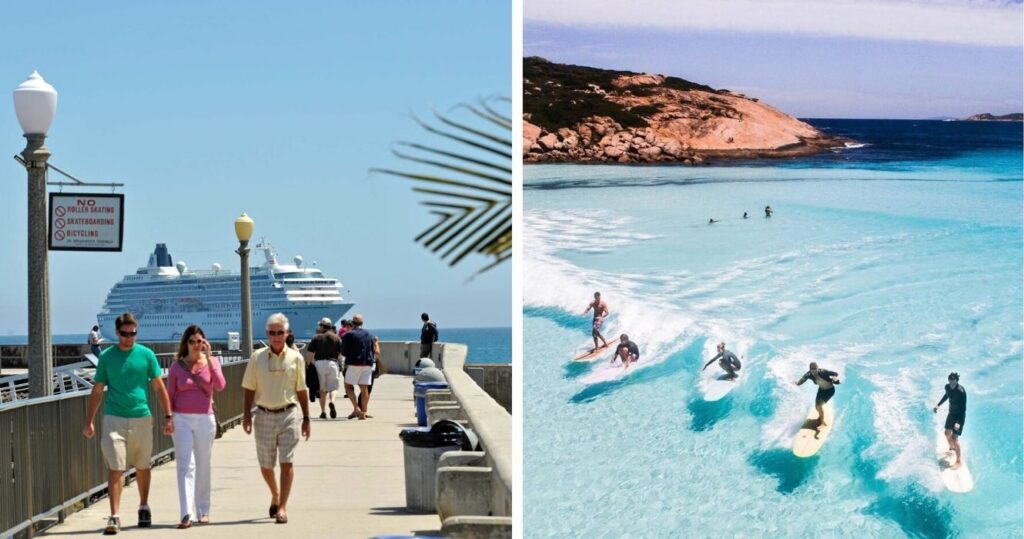 passengers get off a cruise in santa barbara, surfers catch some waves at sapphire beach
