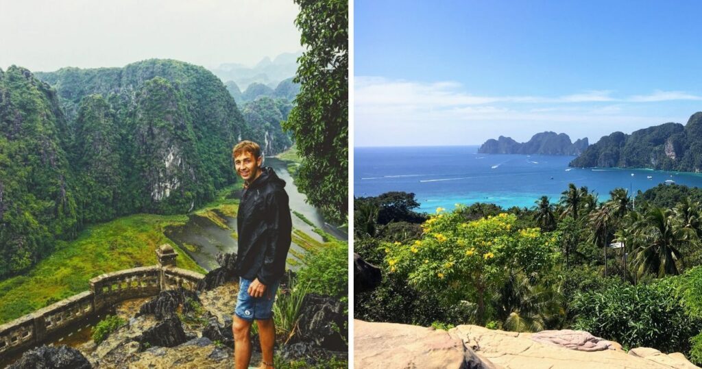 Backpacker at top of hill in Tam Coc Vietnam/view of the sea from Koh Phi Phi Thailand