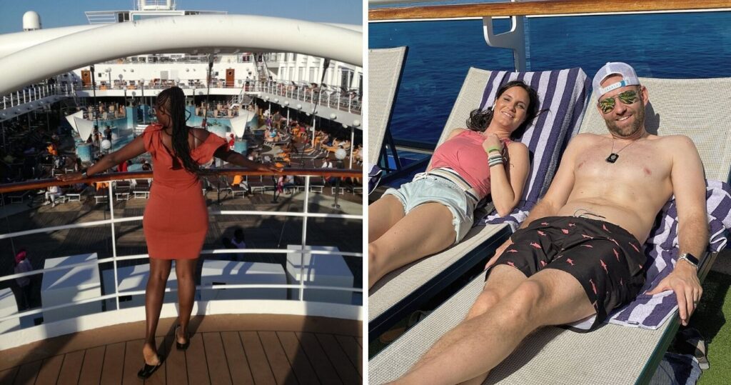 Woman standing on cruise ship deck/Couple sunbathing