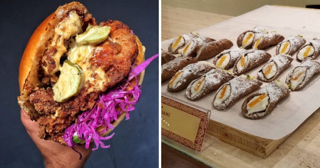 Hand holding a burger over the sidewalk/tray of cannoli in Ganselvoort Market