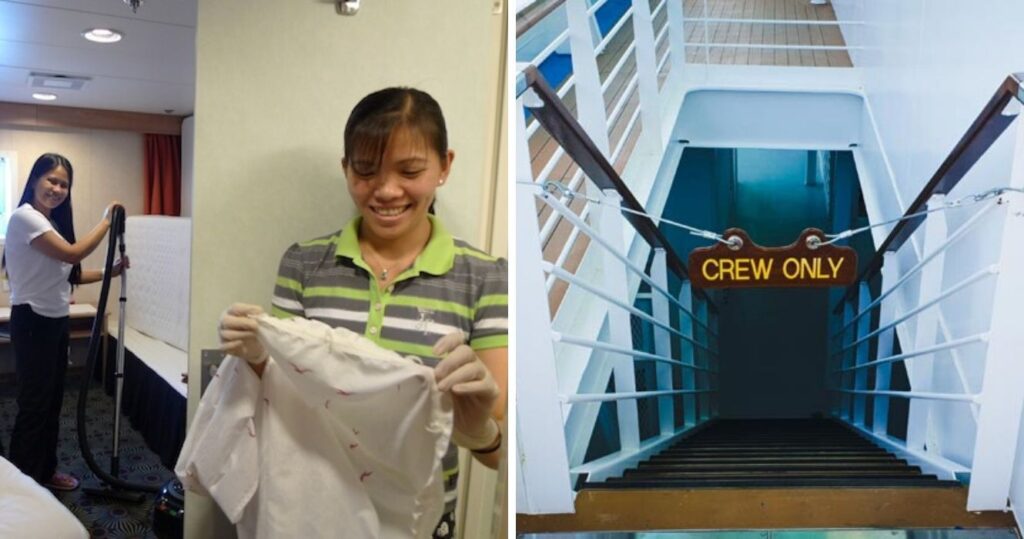 Two workers on a cruise ship cleaning/Crew only sign across a stairwell