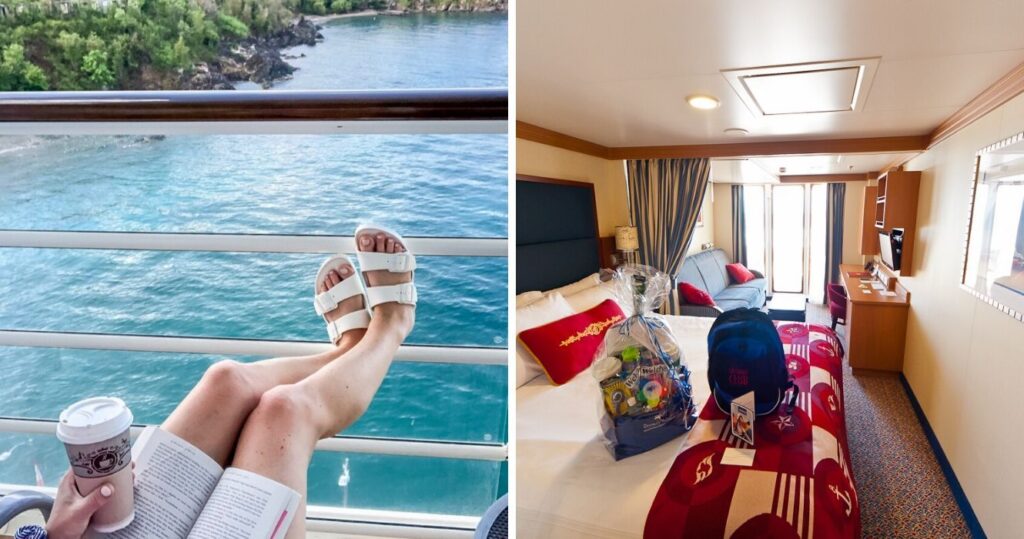 Person with their feet up on the railing of their cruise ship balcony/Disney Cruise stateroom