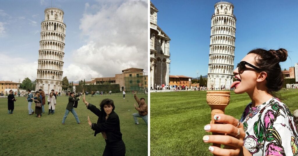 1990s tourists posing for photos near the Tower of Pisa/Instagram photo of a modern woman posing with the tower of Pisa as an ice cream cone