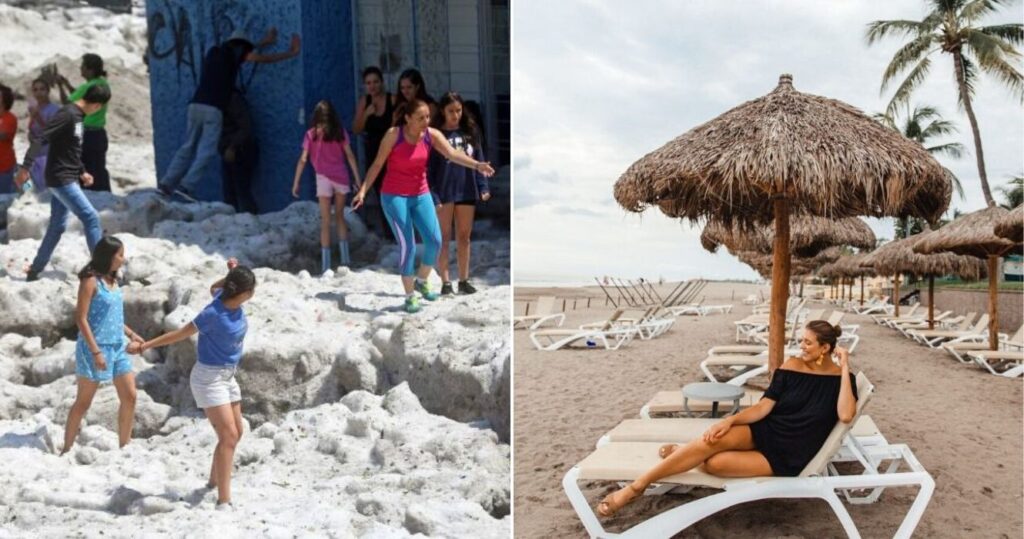 Locals wade through the snow in Mexico/ tourist lounging on the beach