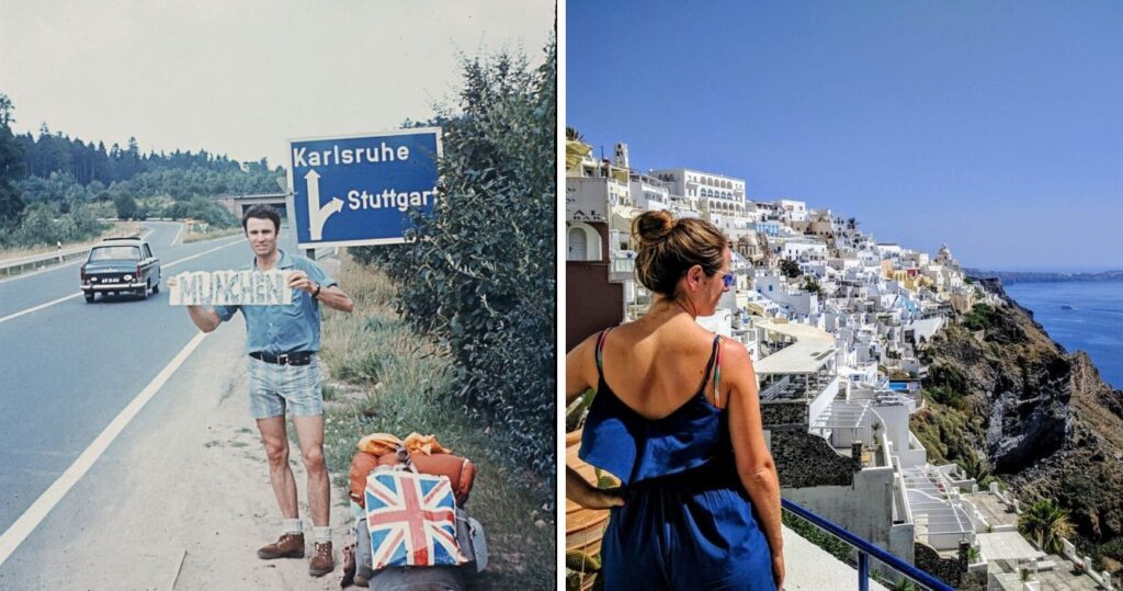 Man holding sign for Munchen while hitchhiking in Europe/Woman with her back to the camera viewing the city of Santorini and the ocean