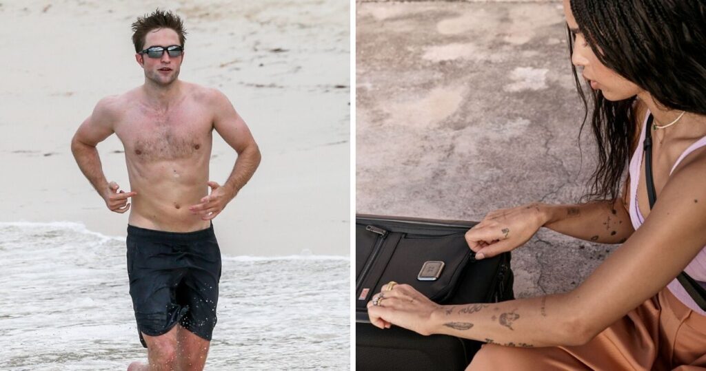Robert Pattinson running on the beach in Antigua/Zoe Kravitz packing up a suitcase
