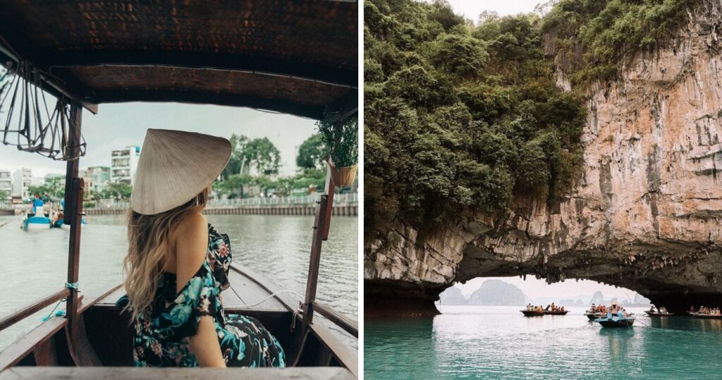Female tourist in a boat wearing a hat/People in boats under Halong Bay Vietnam