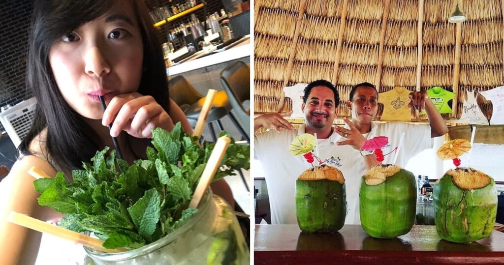 Woman sipping a giant mojito/Two bartenders posing with drinks in coconuts