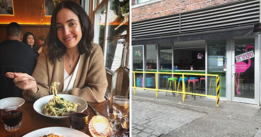 Woman eating pasta at Ask for Luigi/Storefront of Gringo in Vancouver